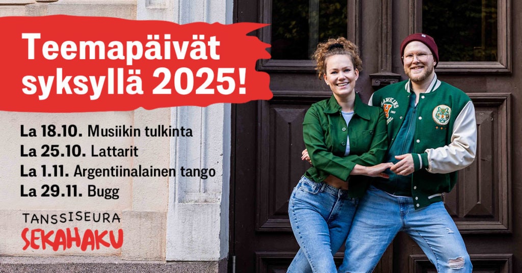Vauhdikkaat bugg-opettajat Leena Lammela & Mikke Tilli poseeraavat rakennuksen rappusien edessä tanssiotteessa.